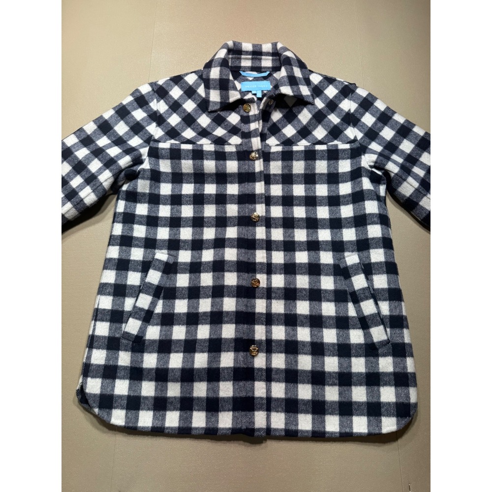 Draper James Buffalo Check Plaid Shirt Jacket Navy White Gold Floral Buttons